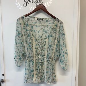 Guess Teal Floral Sheer Tunic with Cream Lace